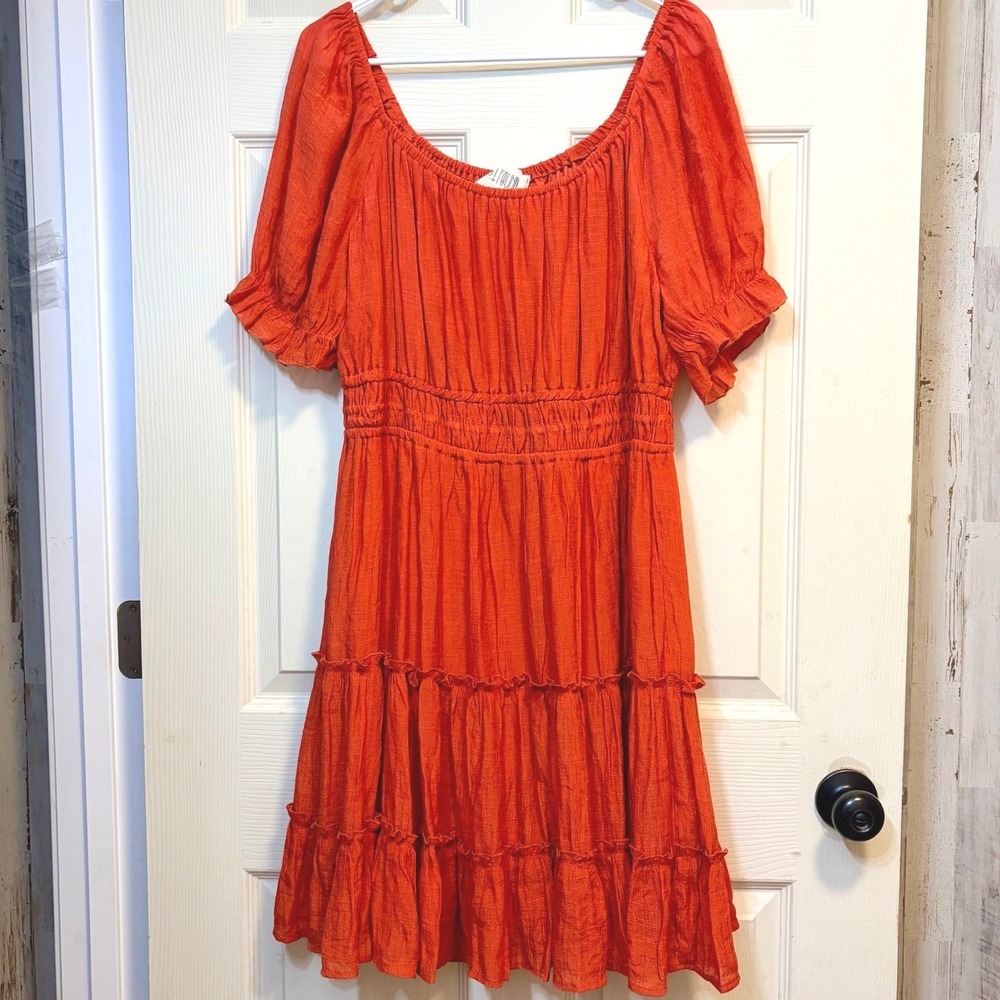 Just Found Dress Tiered Mini Smocked Burnt Orange Ruffle Puff Sleeve‎ 1X